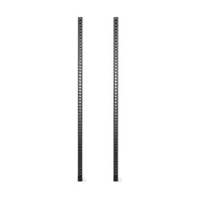 Two tall, black metal Manticore Vertical Uprights from Bells of Steel, featuring evenly spaced holes for 3x3 rack attachments, stand parallel against a white background.