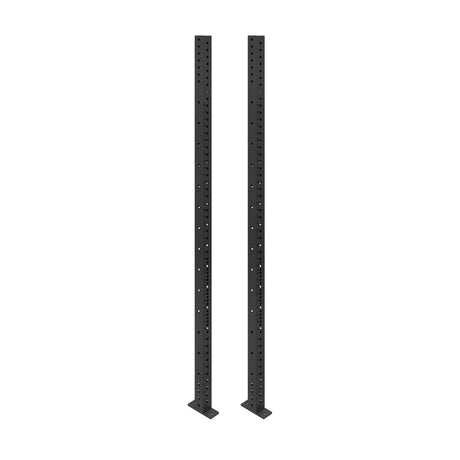 Two tall, black Hydra Vertical Uprights by Bells of Steel stand on rectangular bases against a white background. Each metal upright features multiple rows of holes for adjustable assembly—ideal for use with power rack attachments.