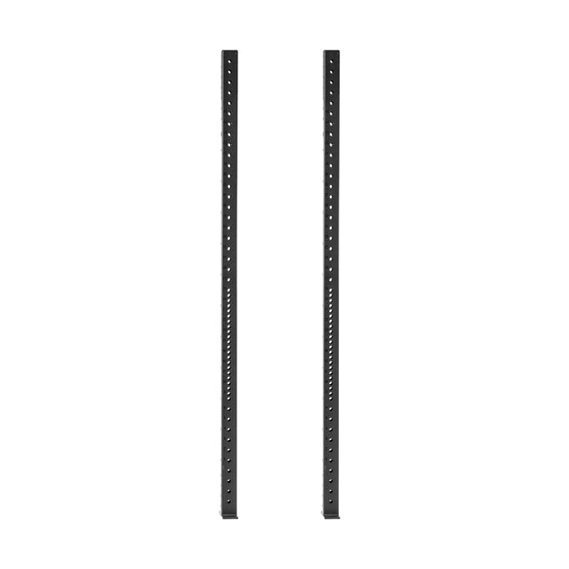 Two black metal Hydra Vertical Uprights by Bells of Steel feature evenly spaced holes, likely for a modular shelving or storage system. They stand parallel against a plain white background, ready for rack attachments.