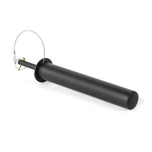 The Bells of Steel Utility Horn Rack Attachment is a black cylindrical tool with a metal ring at one end. Made of durable material, it fits into rack mounts or devices, featuring a smooth surface that subtly reflects light, indicating its robust design.