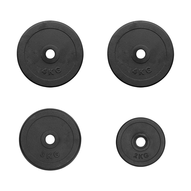 On a white background, four black weight plates appear with "4 KG" on the top left and right, "5 KG" on the bottom left, and "2 KG" on the bottom right. Ideal for upgrading your Bells of Steel routine, these weights enhance your Mark Wildman Adjustable Kettlebell setup.