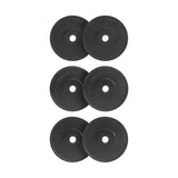 Six Bells of Steel All-Black Bumper Plates are set in two rows, each with engraved text around the center hole and featuring a durable stainless steel insert for optimal performance.