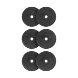 Six Bells of Steel All-Black Bumper Plate Sets are arranged in three rows of two on a white background, each featuring a central hole and labeled for safe, intense lifting workouts.