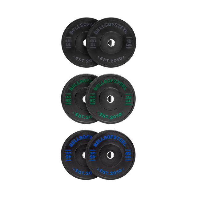 Four pairs of Bells of Steel Dead Bounce Conflict Bumper Plates (10-45 lbs) made with virgin rubber and stainless steel inserts, each in distinct colors and markings for weight and brand, are displayed vertically on a white background.