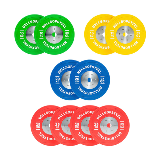 A vibrant set of Bells of Steel KG Competition Bumper Plates includes four 10 kg green plates, two 15 kg yellow plates, two 20 kg blue plates, and four 25 kg red plates. Ideal for Olympic lifting, each is branded with "BELLS OF STEEL.