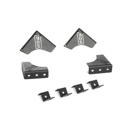 The Bells of Steel 1 Layer Deadlift Platform Hardware set includes eight black metal brackets, featuring two large "BOS" logo corners, ground tabs, and fasteners for secure, modular platform assembly.