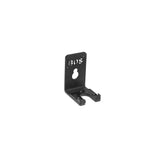 The Bells of Steel Hanging Barbell Holder is a black metal wall bracket with a “BOS” cutout, mounting hole, and U-shaped bottom for organized barbell storage. Pictured against a white background.