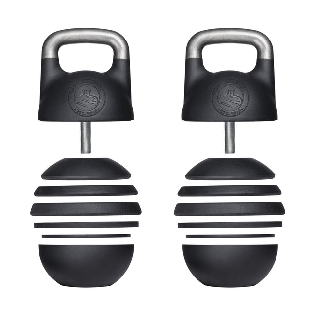 The Bells of Steel Adjustable Competition Kettlebell features a sleek black and metallic design with customizable weight increments and a wide handle for an easy grip, allowing you to tailor your workout.