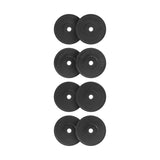 Eight Bells of Steel All-Black Bumper Plates are arranged vertically in two columns on a white background. Made from recycled rubber, each plate features engravings and a central hole with a stainless steel insert for barbell mounting.