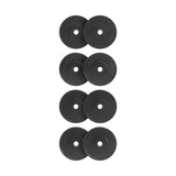 Eight All-Black Bumper Plate Sets by Bells of Steel are shown vertically in pairs on a white background, each featuring a circular center hole and embossed text for durability and safe lifting during workouts.
