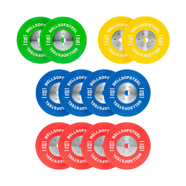 Bells of Steel's KG Competition Bumper Plates are showcased in three rows: top with two 15 kg green plates, middle with four 10 kg yellow training plates, and bottom with four 25 kg red plates, perfect for Olympic lifting enthusiasts.