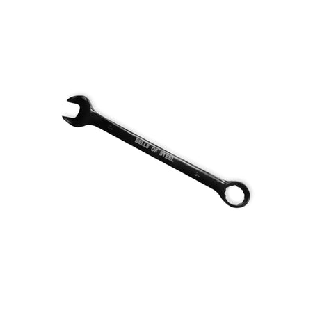 The Hydra Hardware is a black, long-handled combination wrench perfect for your Hydra Power Rack assembly, featuring an open-end and box-end, with "Bells of Steel" on the handle against a white background.