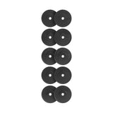 Ten Bells of Steel All-Black Bumper Plates, made from recycled rubber with a durable stainless steel insert, are arranged in two vertical columns on a white background. Each plate displays weight specifications clearly.