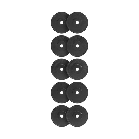 Ten Bells of Steel All-Black Bumper Plate Sets are arranged in vertical pairs on a white background, each set stacked side by side to display their recycled rubber build and durable stainless steel insert rings.