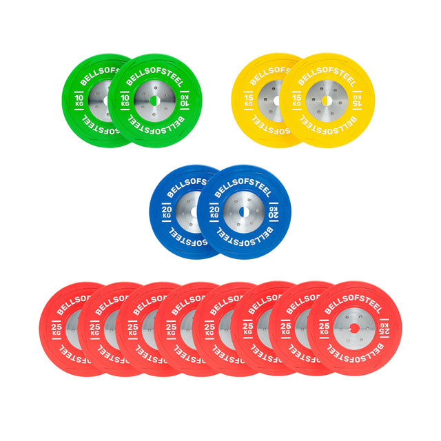 Image of Bells of Steel KG Competition Bumper Plates in triangular arrangement: two green, two yellow, two blue, and seven red plates labeled with various kilogram weights, ideal for Olympic lifting.