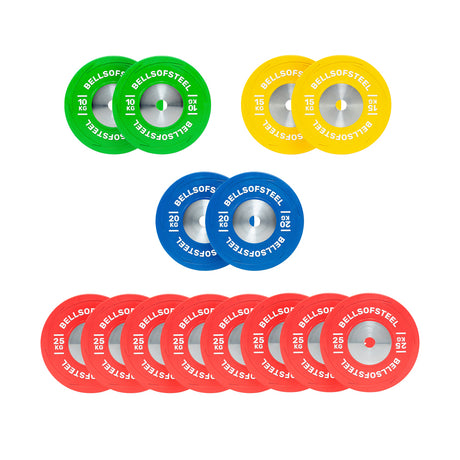 The Bells of Steel KG Competition Bumper Plate Sets include two green, two yellow, two blue, and six red plates, each labeled “BELLS OF STEEL 1.25 kg,” ideal for Olympic lifting and built to IWF standards.