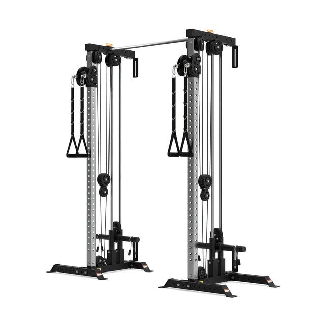 The Bells of Steel Cable Tower Squat Stands feature a sleek, sturdy frame with black accents, perfect for home gyms. Its dual adjustable pulleys and multiple positions offer versatile resistance training exercises.