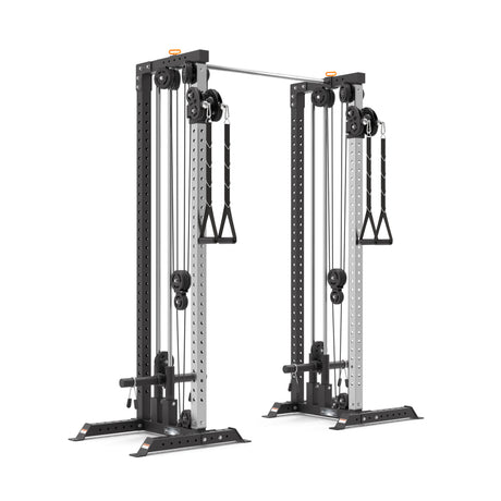 The Bells of Steel Cable Tower Squat Stands features dual adjustable pulleys and two handles for varied exercises. It has a robust metallic frame with marked adjustment holes, ideal for strength training in gyms or at home.