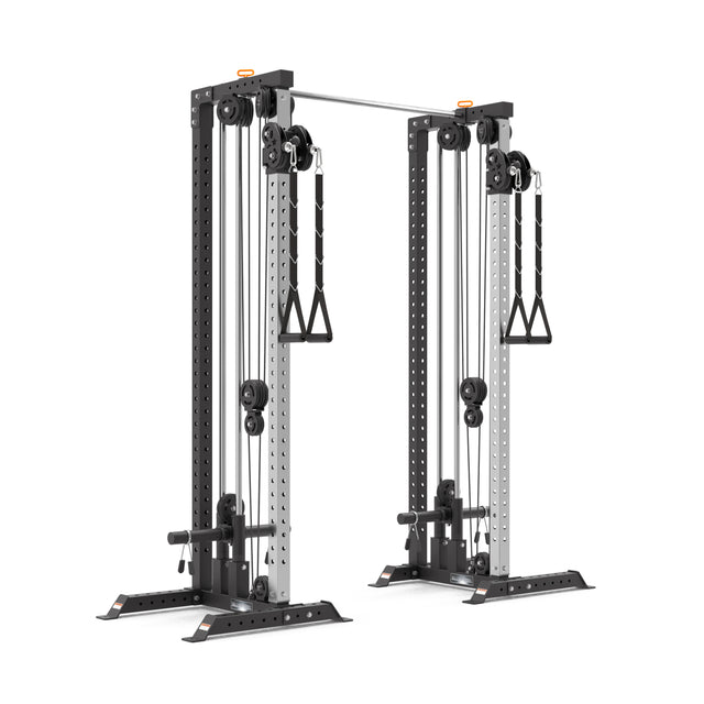 The Bells of Steel Cable Tower Squat Stands feature adjustable pulleys, handles, and a durable metal frame with a sleek design, ideal for home gym strength training exercises, set against a white background.