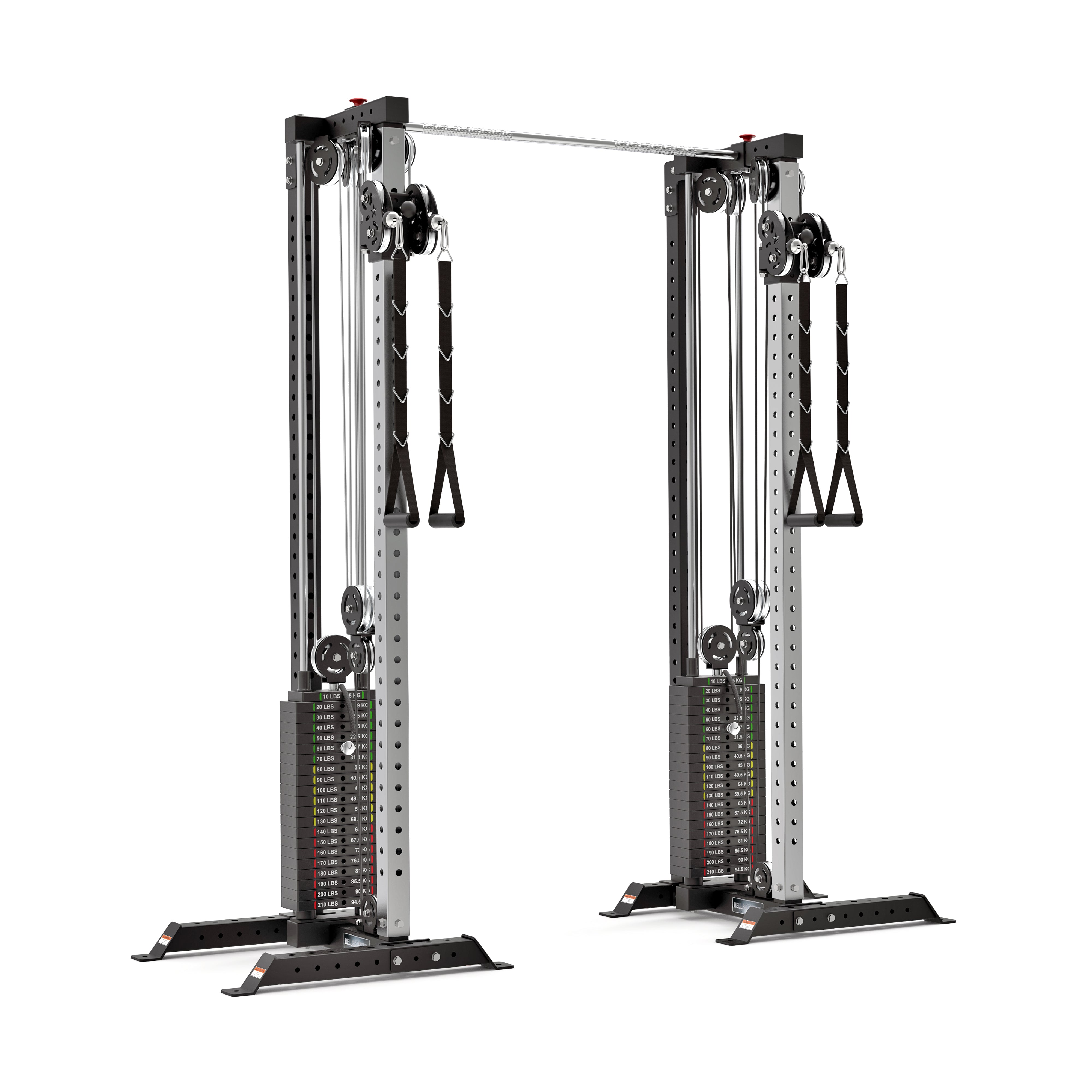 The Bells of Steel Cable Tower Squat Stands, equipped with adjustable pulleys, weight stacks, and black handles on a robust metal frame, are ideal for a wide range of resistance training exercises. Including a squat stand station makes it perfect for achieving comprehensive fitness solutions.