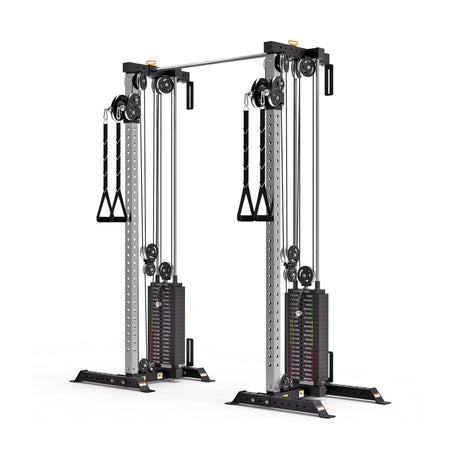 The Bells of Steel Cable Tower Squat Stands feature weight stacks, pulleys, a pull-up bar, and adjustable handles—ideal for strength training in gyms or fitness centers.