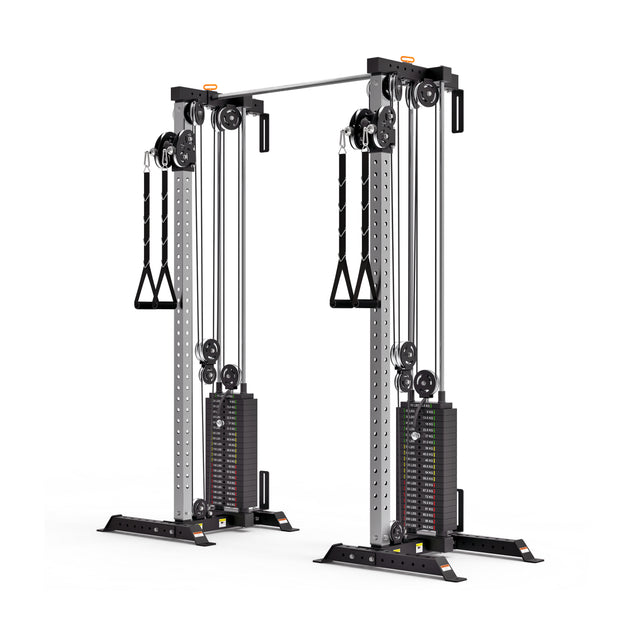 The Bells of Steel Cable Tower Squat Stands feature weight stacks, pulleys, a pull-up bar, and adjustable handles—ideal for strength training in gyms or fitness centers.