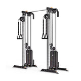 The Bells of Steel Cable Tower Squat Stands boast adjustable pulleys, black weights, and rubber-coated handles on metal rods. Its sleek metallic frame is ideal for any home gym and versatile for various strength exercises.