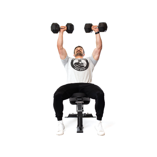 A person uses the Dumbbell Bench Combo from related_to_7424043286580, lifting two dumbbells overhead while seated. They wear a gray t-shirt, black pants, and white sneakers against a plain white background.