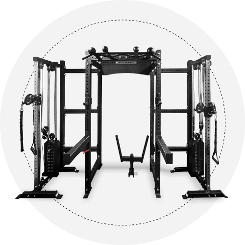 The Hydra Trident Station is a black, multi-functional gym machine featuring pulleys, cables, and bars for strength training, showcased on a white background with a dotted circle.