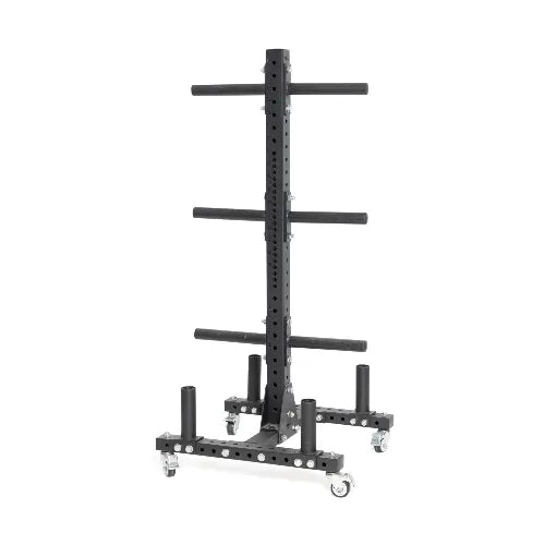 The Hydra Bumper Plate Tree Builder is a black metal rack designed for organizing plates with multiple horizontal bars. It features wheels at the base for easy mobility, making it a versatile addition to any workout space.