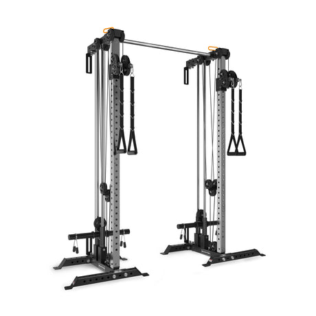The Bells of Steel Cable Tower Squat Stands feature adjustable pulleys, dual weight stacks, and side handles—a versatile solution for strength training in any gym or home gym.