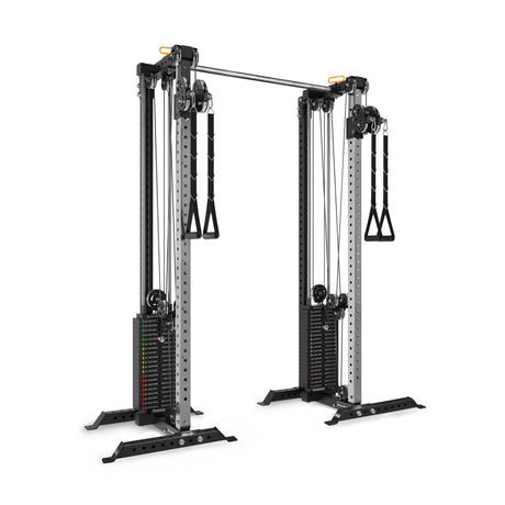 The Bells of Steel Cable Tower Squat Stands feature two weight stacks, adjustable pulleys, handles, and a connecting upper bar—perfect for versatile strength training in any home gym.