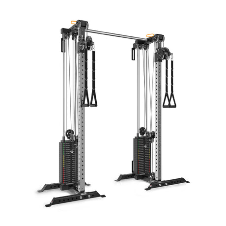 The Bells of Steel Cable Tower Squat Stands feature dual adjustable pulleys, two weight stacks, a strong metal frame, and handles for versatile strength training at home gym setups. Shown against a white background.