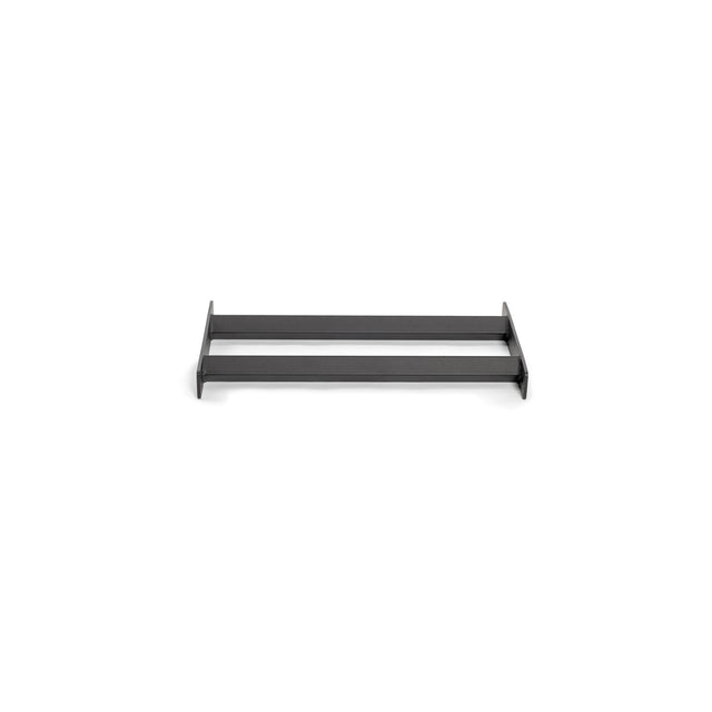 The Bells of Steel Bumper Plate Pins Shelf is a minimalist black metal wall shelf featuring two horizontal bars with no visible supports, designed to effortlessly organize your space against a plain white background.