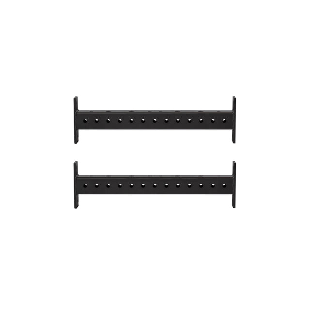 Two black, rectangular metal Hydra Crossmembers from Bells of Steel are displayed against a white background. They feature evenly spaced holes for adjustable mounting or attachment purposes and are positioned parallel to each other.