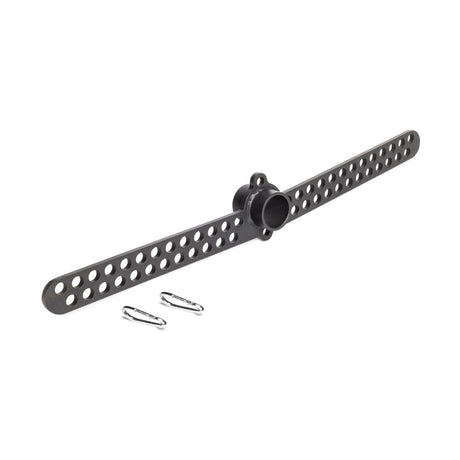 The Bells of Steel 30 D-Handle Bar Cable Attachment with Carabiners features a black plastic mounting arm with dual rows of round holes, a central cylindrical hub, and two metal clips, displayed on a white background.