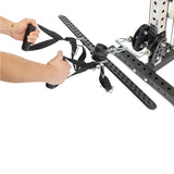 low row setup on a cable machine with the 30 D-Handle Bar Cable Attachment with Carabiners attached. 