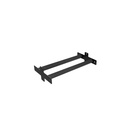 The Bells of Steel Storage Shelves feature a black metal mounting bracket with two parallel bars and four flanged ends with screw holes for easy installation, perfect for supporting shelves or use as a power rack shelf.