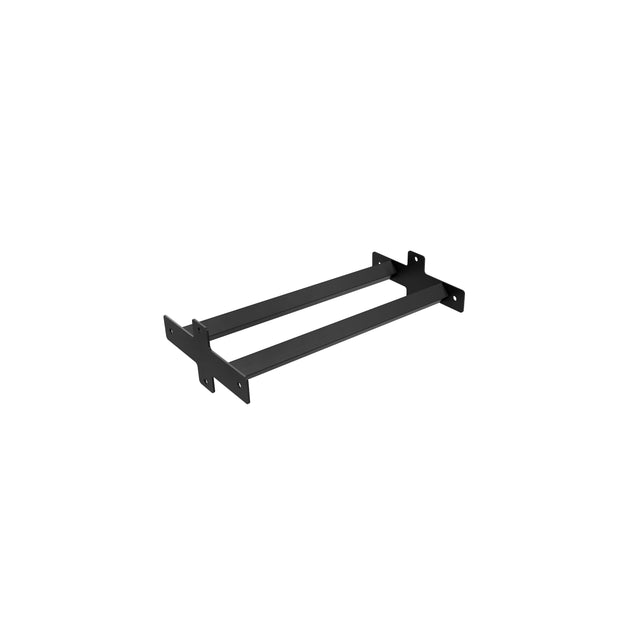 The Bells of Steel Storage Shelves feature a black metal mounting bracket with two parallel bars and four flanged ends with screw holes for easy installation, perfect for supporting shelves or use as a power rack shelf.