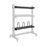 The Bells of Steel Storage Shelves feature three shelves, including a bottom shelf with three vertical dividers. A bold black power rack shelf contrasts with the gray frame, while wheels ensure easy mobility.