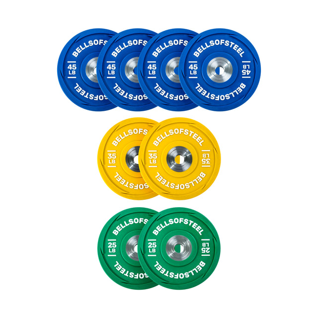 A vibrant set of Bells of Steel Urethane Bumper Plates: top row has four durable blue 45 lb plates, middle row with two yellow 35 lb plates, and bottom row holding two green 25 lb plates. Ideal for Olympic weightlifting, each plate displays the brand proudly.