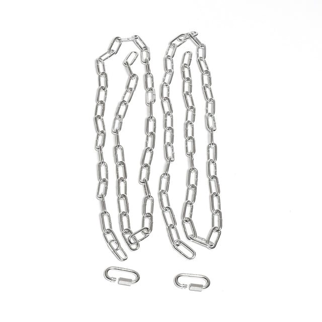 A set of rust-resistant Weightlifting Chains by Bells of Steel, featuring elongated silver metal links arranged parallel to each other on a white background. Two metal loop closures are positioned below the chains, offering both durability and style.