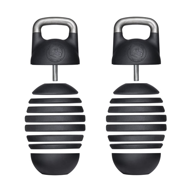 Two adjustable black shoe stretchers, akin to the precision of Bells of Steel's Adjustable Competition Kettlebell, feature a rounded, ribbed design and metal knobs for a customizable fit.