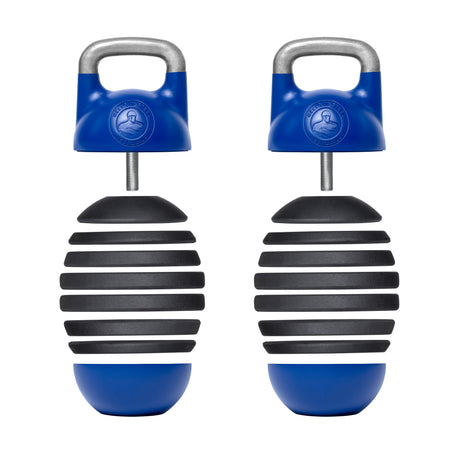 The Bells of Steel Adjustable Competition Kettlebell includes blue and black striped iron weight plates, offering a sleek design. It features a silver handle and top button for easy weight adjustment.