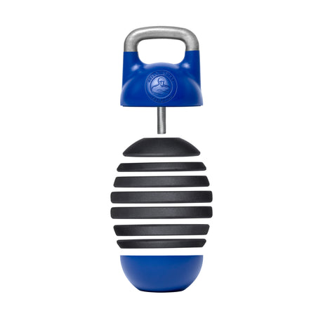 A Bells of Steel blue and black striped dog toy mimics an Adjustable Competition Kettlebell with a ribbed, round design. Its top handle ensures easy grip for interactive play, while the durable, textured surface suits chewing challenges perfectly.