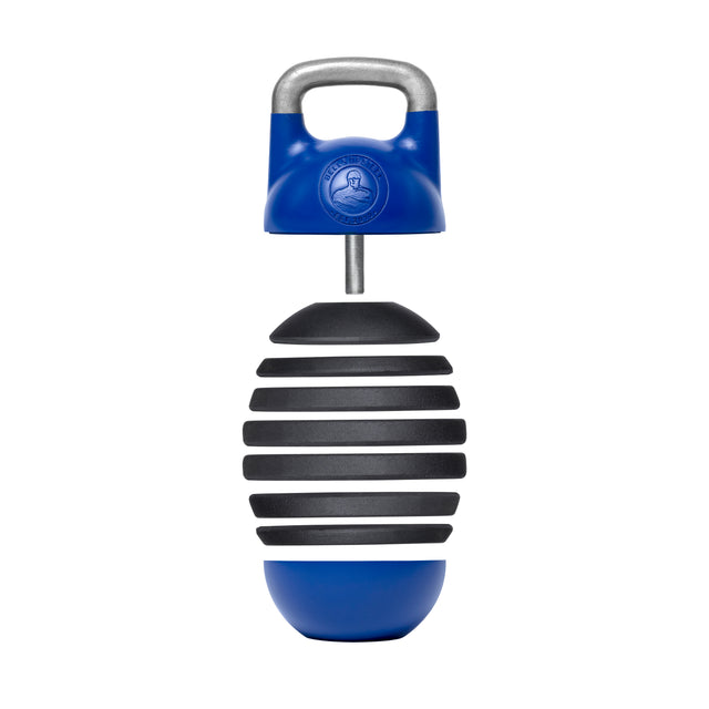 A Bells of Steel blue and black striped dog toy mimics an Adjustable Competition Kettlebell with a ribbed, round design. Its top handle ensures easy grip for interactive play, while the durable, textured surface suits chewing challenges perfectly.