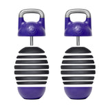 The Bells of Steel Adjustable Competition Kettlebell features purple and black stripes with silver handles for grip training, mimicking competition-style kettlebells with adjustable weights to meet your evolving workout needs.