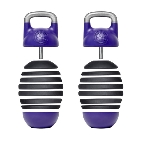 The Bells of Steel Adjustable Competition Kettlebell features purple and black stripes with silver handles for grip training, mimicking competition-style kettlebells with adjustable weights to meet your evolving workout needs.