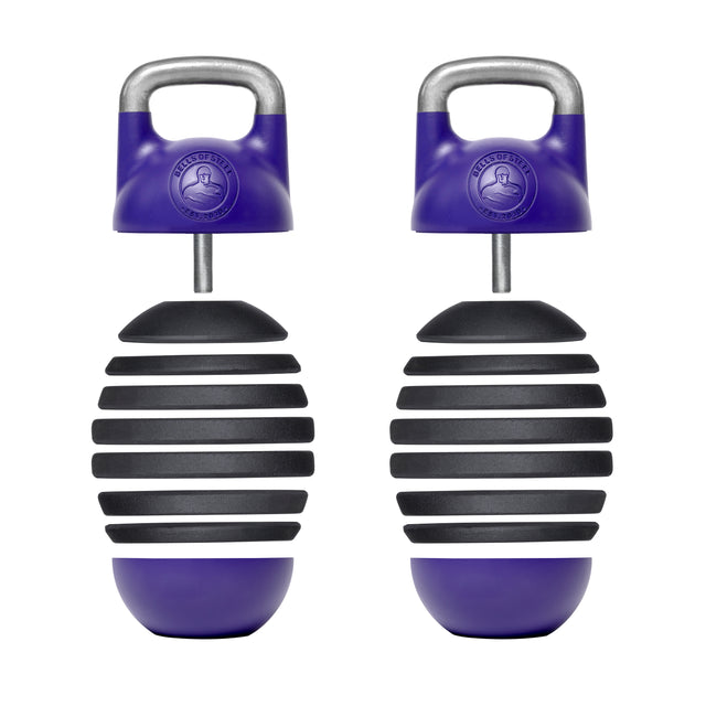 The Bells of Steel Adjustable Competition Kettlebell features purple and black stripes with silver handles for grip training, mimicking competition-style kettlebells with adjustable weights to meet your evolving workout needs.