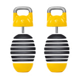 The Bells of Steel Adjustable Competition Kettlebell features a distinctive design with a yellow rounded base, black horizontal discs for easy weight increments, and a yellow handle with a round lock at the top for a competition-style feel. Available in two yellow and black variants.